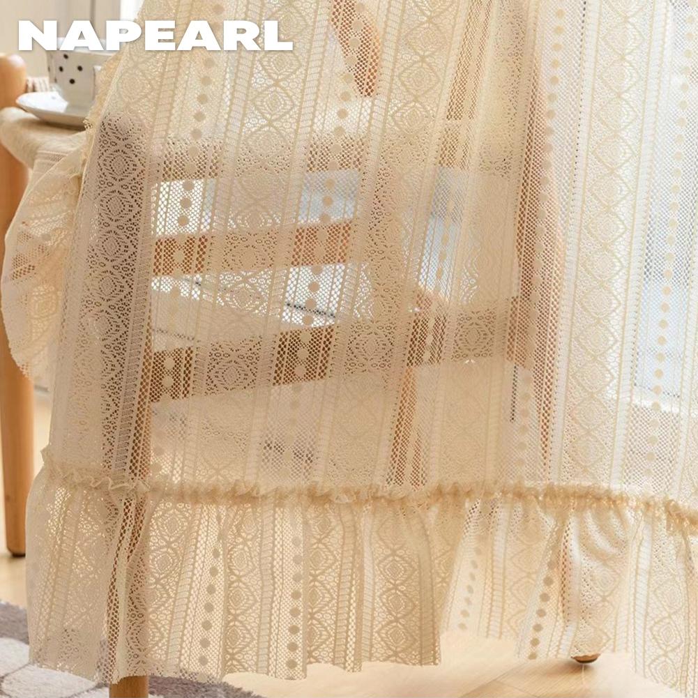 1 Stück NAPEARL Beige Tüll Französisch Retro Jacquard Rüschenkante Transparenter Vorhang für Wohnzimmer Schlafzimmer Balkon Fenster Heimdeko
