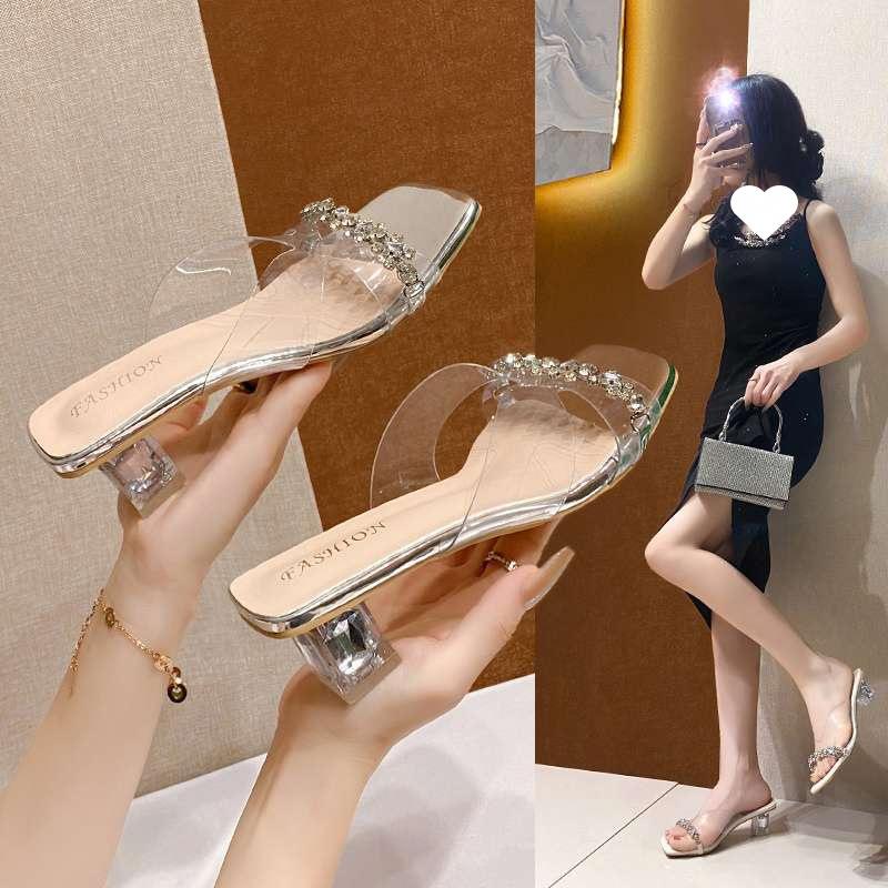 Beautiful rhinestone transparent cool slippers women's new square head fashion versatile crystal thick high-heeled slippers in summer 2025