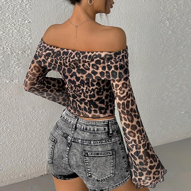 2025 European & American Women's Leopard Print One-Shoulder Semi-Sheer Long-Sleeve Top.
