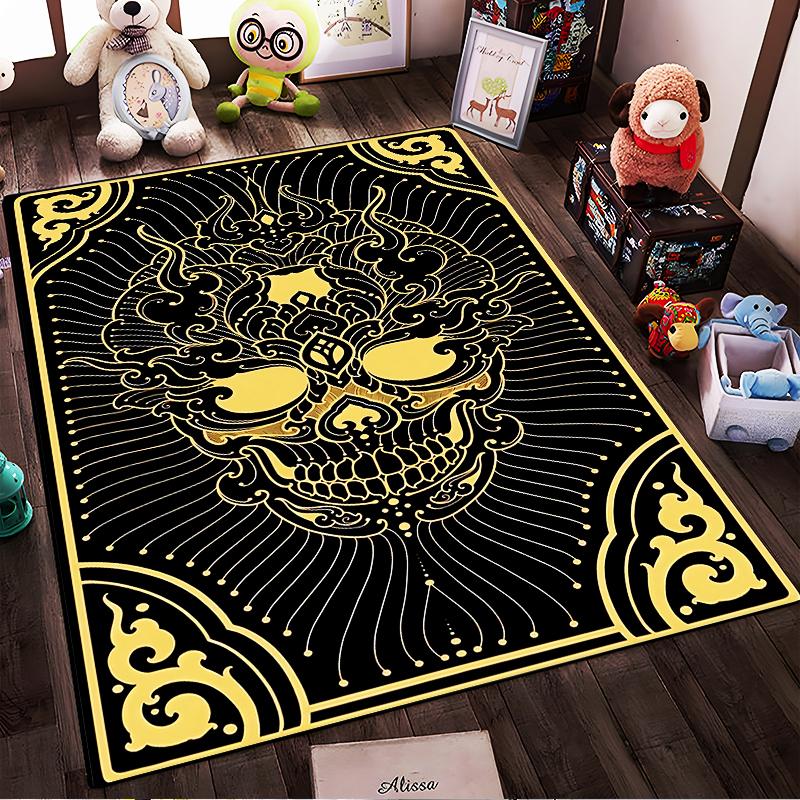 Modern Black and Gold Skull Pattern Carpet with Decorative Design Suitable for Use As an Anti-slip for Living Room Bedroom Sofas
