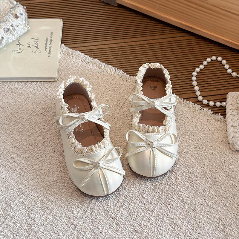 Girls Bow Lace Decor Mary Jane Flats Princess Shoes 23 бежевый