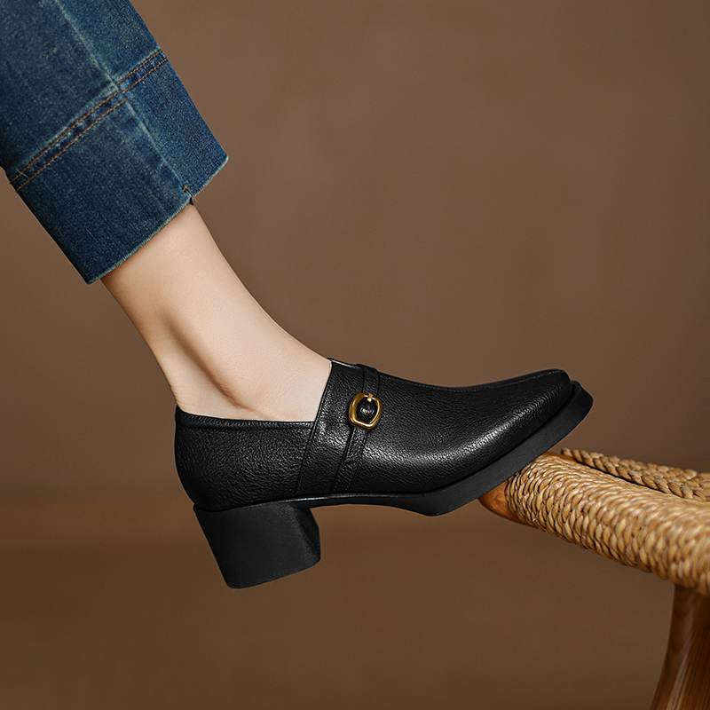 Krazing Pot Cow Skin Autumn Winter Shoes Chunky Heels Size 43 Size 42 Round Toe Zipper Deep Mouth Retro Fashion Pumps