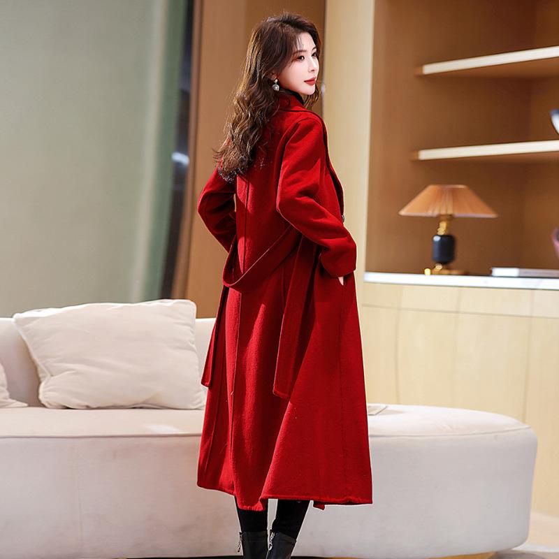 Red Double-sided Wool Coat Women's Extended Autumn and Winter New Wedding Thin Temperament Wool Coat