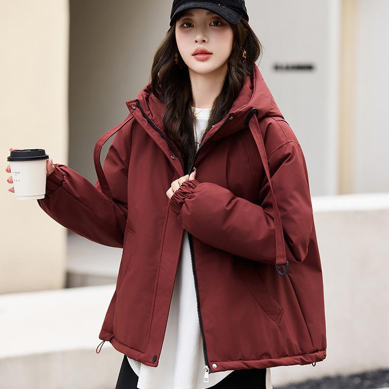 Damen Kapuzen-Pufferjacke Unifarben Reißverschluss Kordelzugbündchen Lockere Passform Warmer Baumwollwattierter Mantel