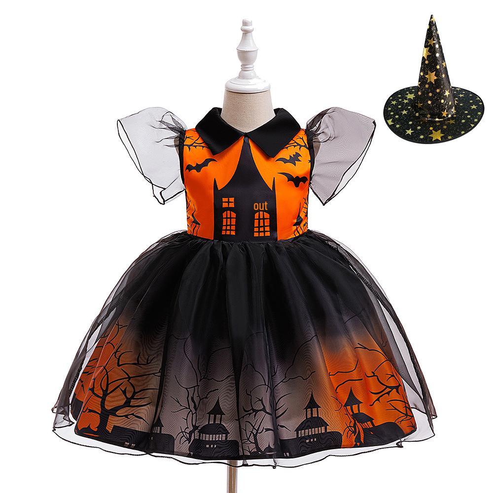Kids' Halloween Witch Cosplay Cartoon Print Dress