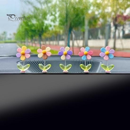 Small Car Dashboard Figurine Spring Wobbly Flower Ornament, Shaking Head Sunflower Interior Decor, Cute Decorations for Rearview Mirror And