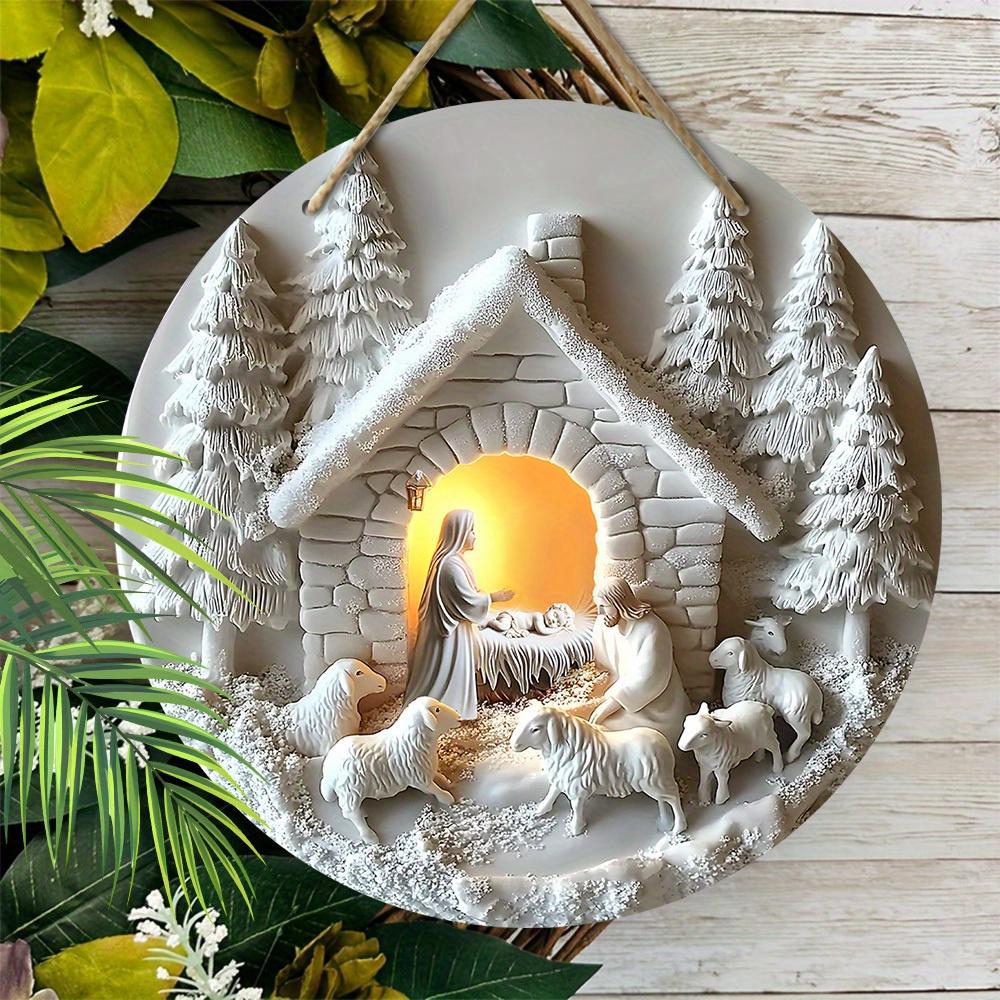 5pcs Wooden Nativity Scene Christmas Sign - 2D Flat Relief, No Electricity or Battery Needed, Festive Wall Hanging Ornament for Home Decor