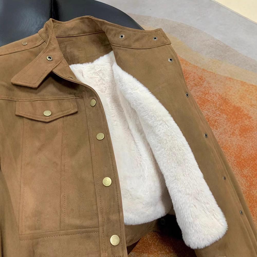 

Корейская замшевая куртка для женщин: 2024 Осень/Зима Свободный, Приталенный, Короткий, С длинным рукавом Топ XL