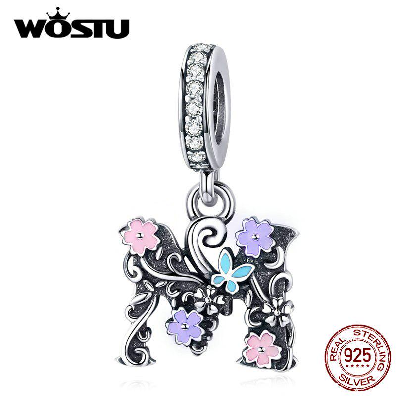 

WOSTU настоящее серебро 925 пробы буква M цветок подвеска подходит оригинальный браслет кулон циркониевые бусины HCC2274