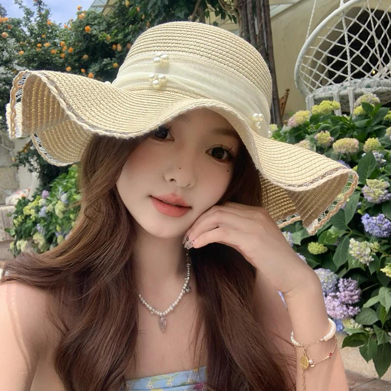 WTEMPO Lace Bow Pearls Solid Color Spring Summer Foldable Sunscreen Straw Hats Wide Brim Travel Beach Breathable Sun Hats