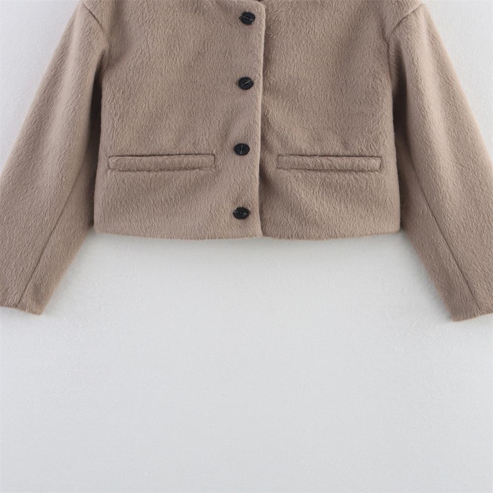 Foreign trade wholesale women's clothing autumn new fashion simple casual versatile button decoration blended round neck short jacket