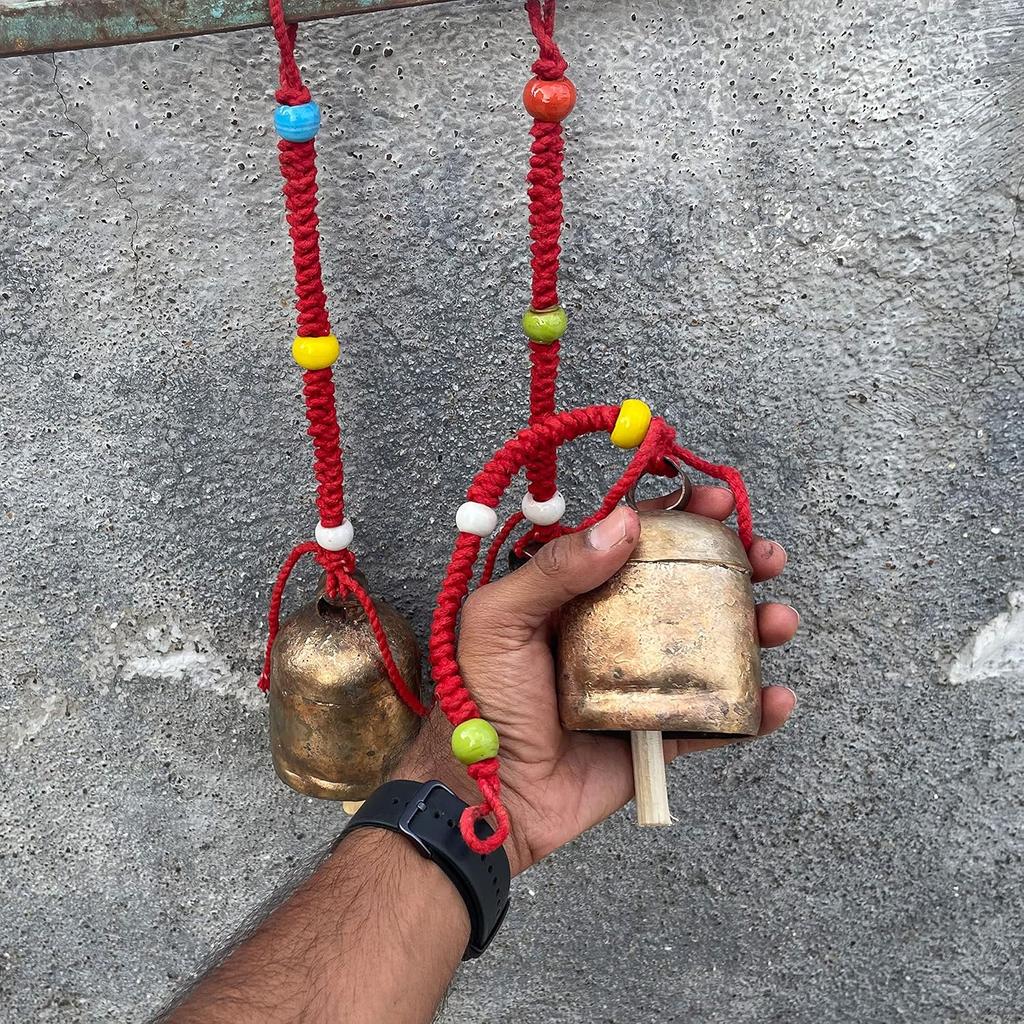 Handmade Small Metal Cow Bell – Rustic Gold Hanging Wind Chime with Red Rope for Home Decor, Meditation, Christmas Ornament, Boho Farmhouse Charm