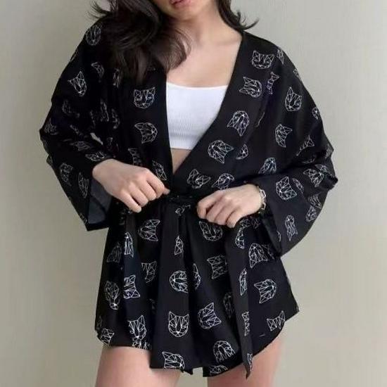 Women's Loose Long-Sleeve Print Lace-Up High Waist Shorts Suit