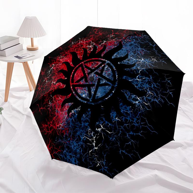 1pc Supernatural Symbols YinYang Automatic Folding Umbrella - Design, Durable Iron Frame for Travel, Outdoor, Beach Fashion Accessory A0920005