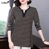 Women's Clothing Autumn Winter Thin Long T-Shirts Plus Size Striped Fashion Casual Asymmetrical V-neck Button Comfortable