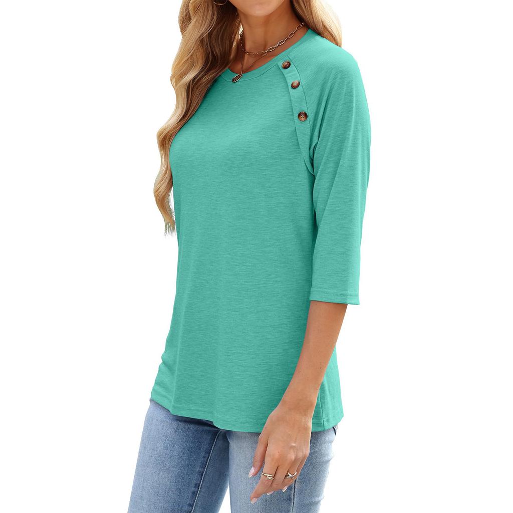 Women's Color Casual Fashion Round Neck Button Seven Quarter Sleeve Top