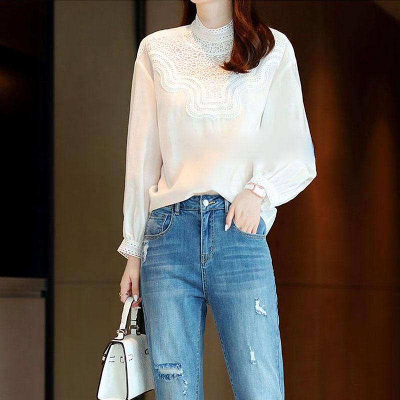 Bluză Damă Guler Stand Navetă Culoare Solidă Primăvară Toamnă Mânecă Lungă Stilată Coreeană Dantelă Decupată Aplicată Cămașă