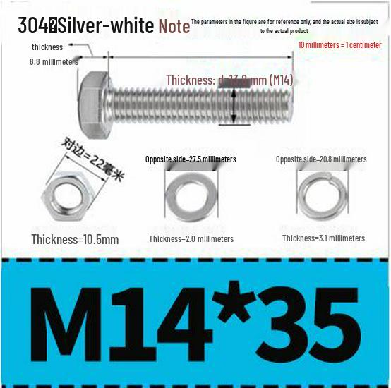 304 Stainless Steel Hex Head Bolt and Nut Set M6-M14, Lengths 8-100mm