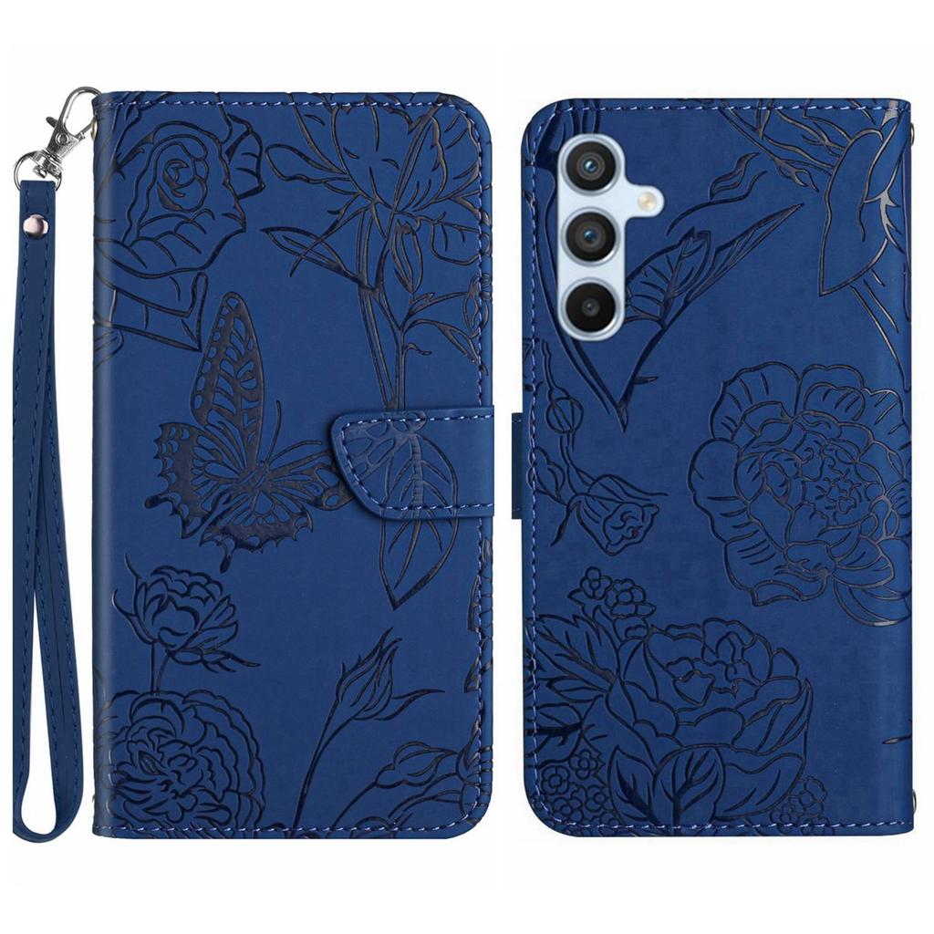 Applicable To Samsung S24 Butterfly Embossed Mobile Phone Leather Case A15 Card Holder Solid Color Lanyard Protective Case A05S Hand Rope