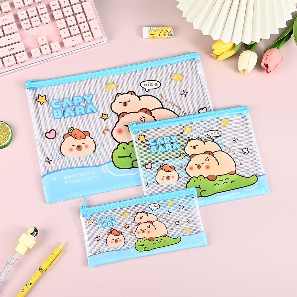 3PCS Cartoon PVC Mesh File Bag Capybara Large Capacity Zipper Pen Bag Waterproof Transparent Grid Storage Bag