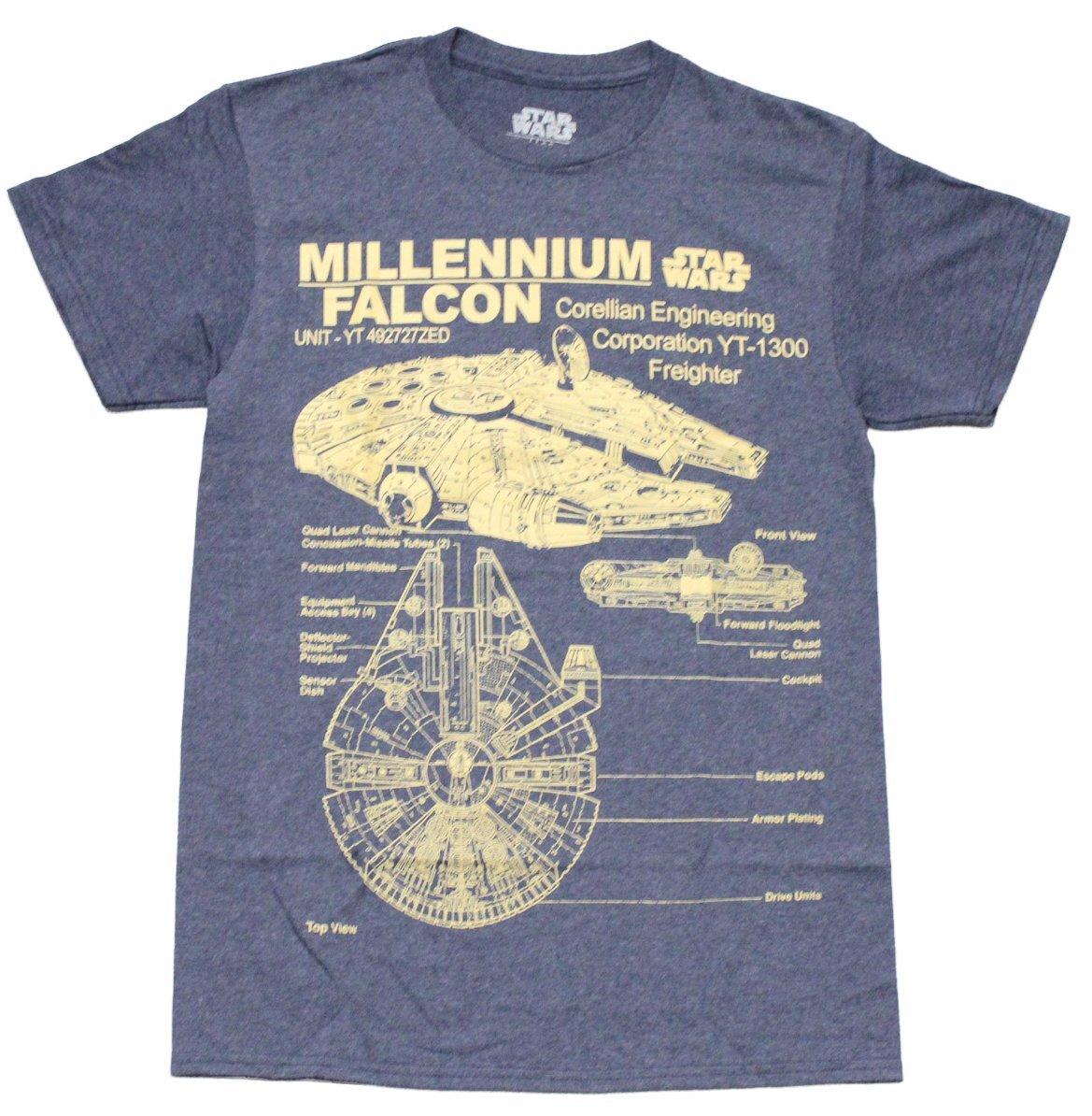 Star Wars Mens T-shirt - Millennium Falcom Corellian Engineering Blue Print M