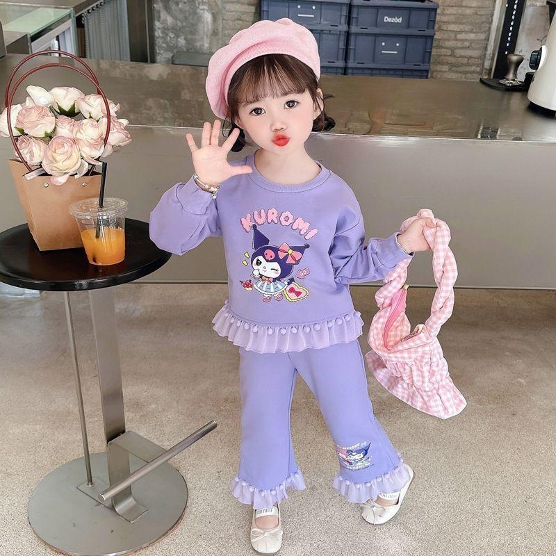 Girls Spring Autumn Cute Cartoon Ruffled Sweatshirt Two Piece Set 90