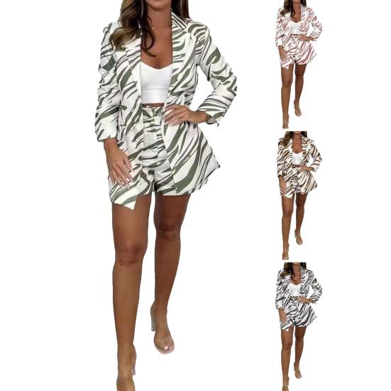 Women's Striped Print 2 Piece Outfit Long Sleeve Open Front Blazer Jacket with Shorts Set Casual Office Suit Set