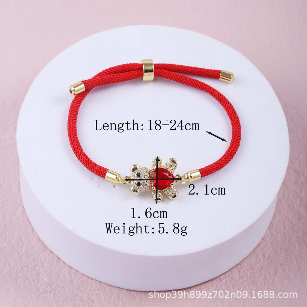 Verstellbares mehrfarbiges Baumwollkordel-Armband mit süßem Cartoon-Zirkon-Bären-Anhänger