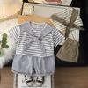 0-5-year-old Boys' Short Sleeved Two-piece Set Summer Children's Striped Printed T-shirt+casual Shorts Set