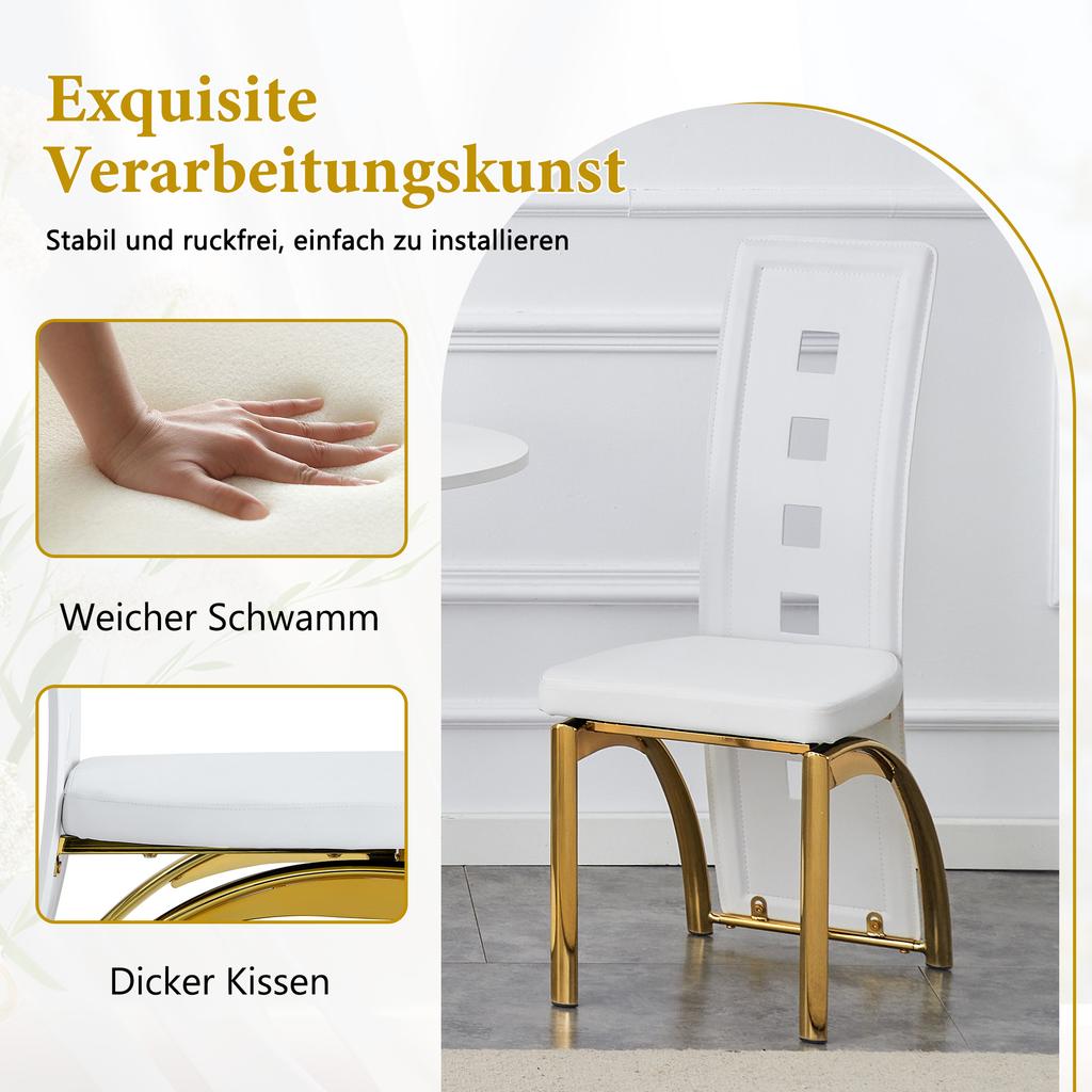 [Set mit 2 Stück] Europäische Design-Esszimmerstühle mit Lochmuster, Matweißes PU-Leder + Glänzende Gold-Metallbeine, 102,5 cm hoch, für Ess- oder Wohnzimmer.