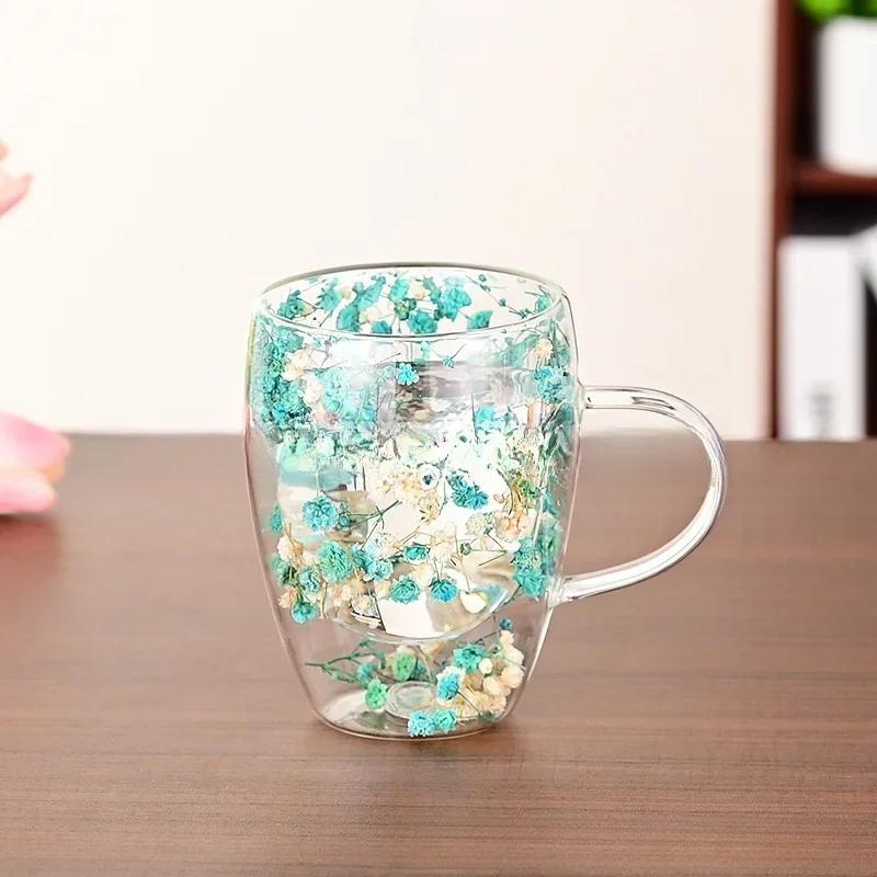 Creative  Flower Pattern Double Wall Glass Cup Clear Heat Resistant High Borosilicate Glass Coffee Mugs  Hot Cold Beer Mug Gift