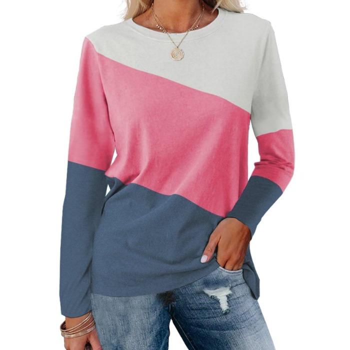 Fashion Color Blocked Long Sleeved Top with Personalized Contrasting Design for Women's Casual T-shirts