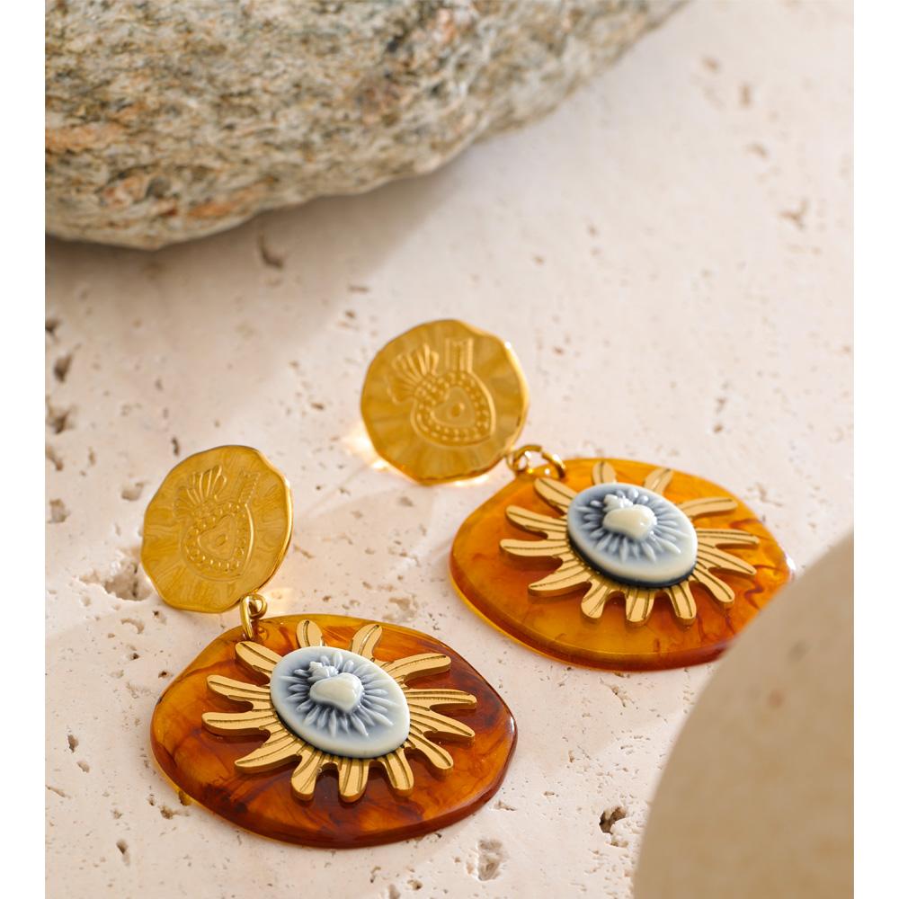 Eetit Exclusive Design Amber Resin Round Sun Pendant Drop Earrings Arrivals Stainless Steel Golden Fashion Jewelry Waterproof