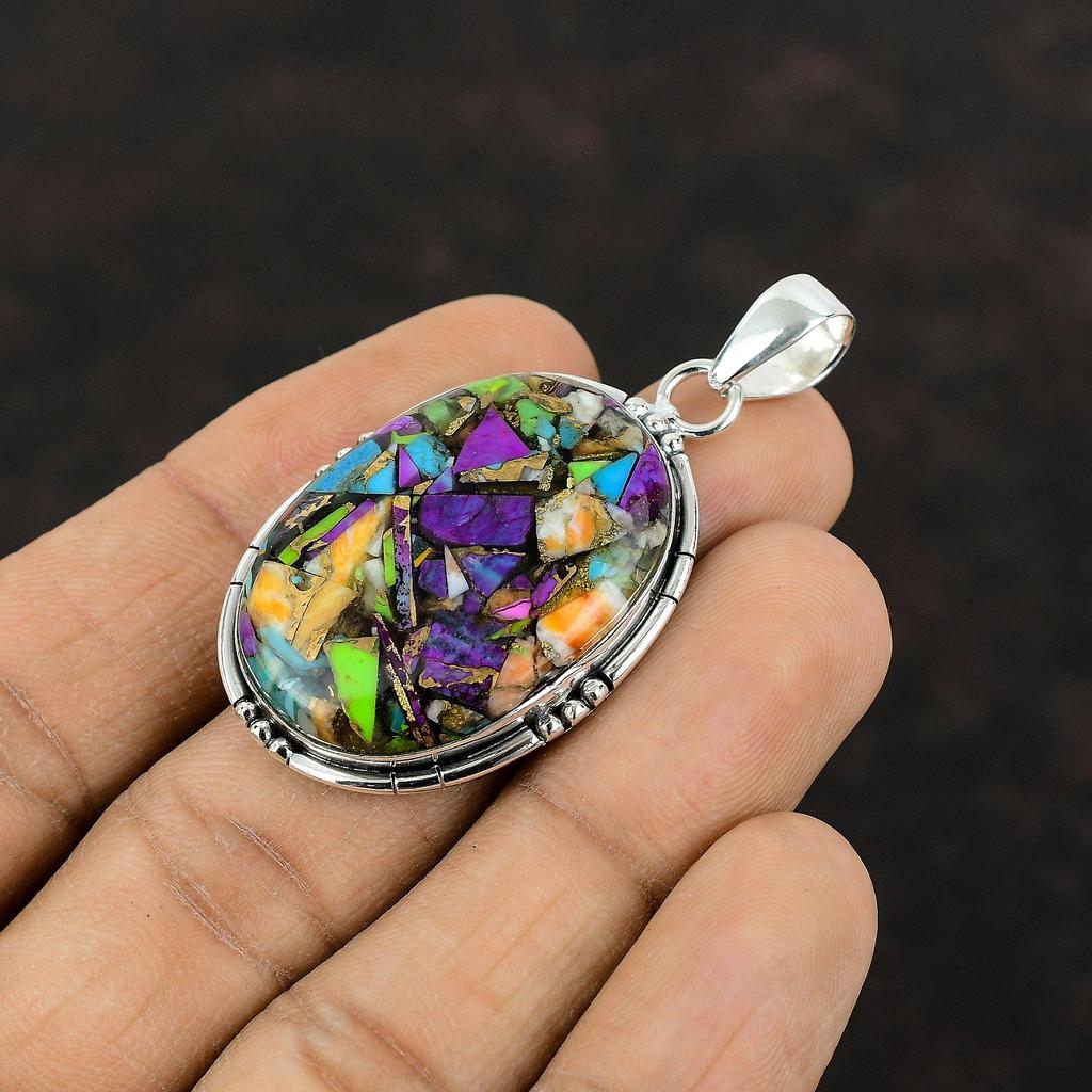 Fiesta Kingman Türkis-Anhänger, handgefertigter Schmuck, 925er Sterlingsilber-Anhänger, Multi-Kupfer-Türkis-Anhänger, echter Edelstein-Anhänger als Geschenk