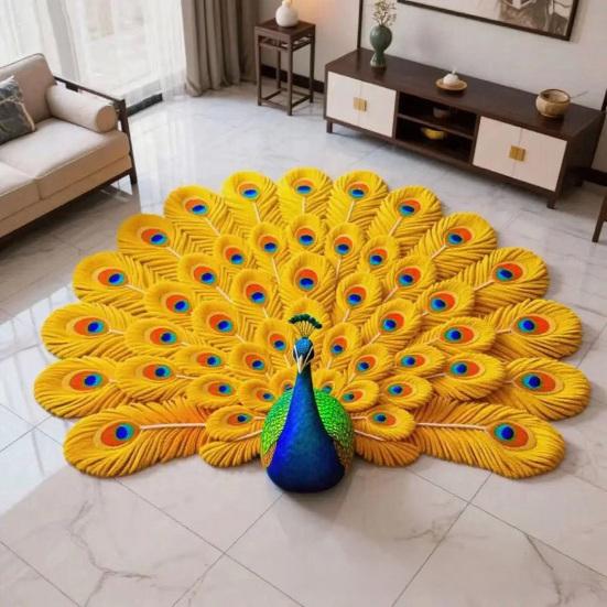 Tapete de Chão Estampa Pavão 3D Macio Antiderrapante Decorativo Tapete Casa Sala de Estar Quarto Porta Fácil de Limpar Carpete
