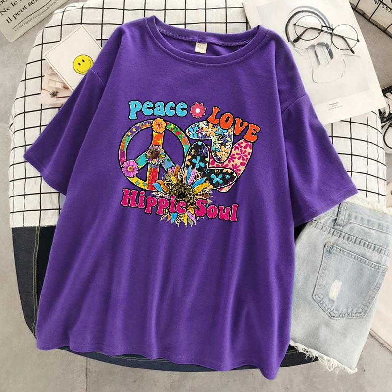 Peace Love Hippie Soul Printing Female T-Shirt Summer Cool Short Sleeve Breathable Cotton Tops Street Loose T Shirt Women
