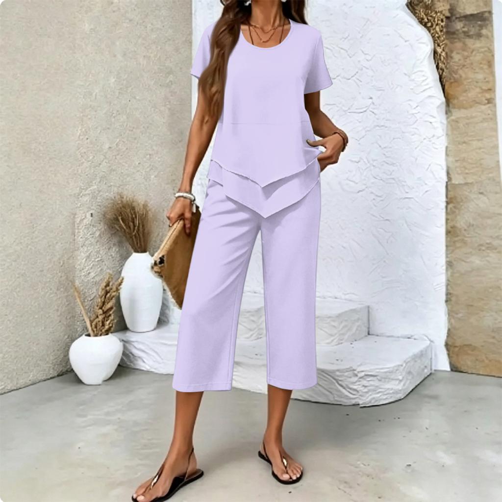 Women's Casual Two Piece Set Short Sleeve Round Neck Top with Layered Hem and Cropped Wide Leg Pants Comfortable Lounge Outfit