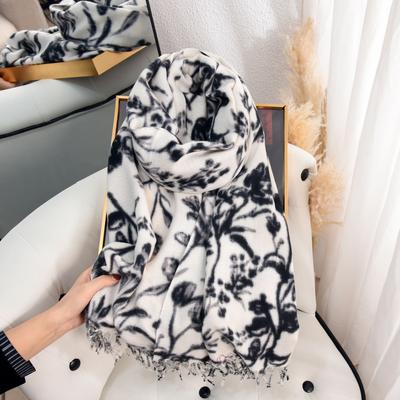 College Sweet Girl Fashion Flower Print Scarf Warm Thickened Cashmere Fringed Scarf