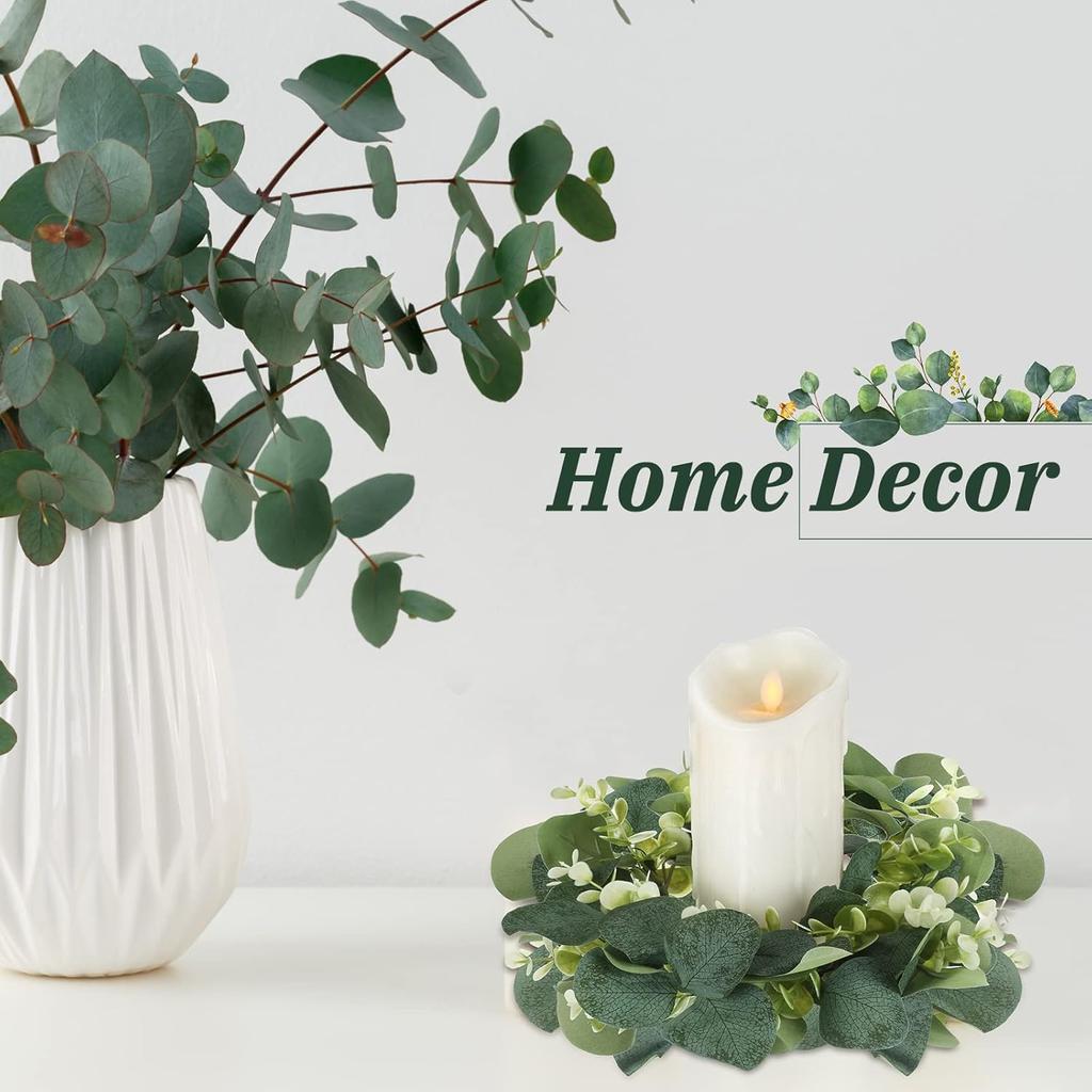 8 Pcs Candle Rings Artificial Eucalyptus Leaves Wreaths Candle Rings Wreaths Greenery Wreath Candle Rings for Pillars Boho Wreath Pillar