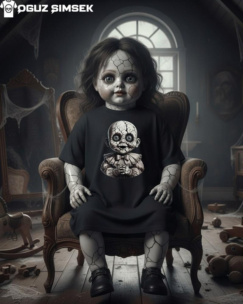 

Жуткая футболка с куклой | Треснувшее фарфоровое лицо ужаса | Готическая футболка с дизайном игрушки 2XL