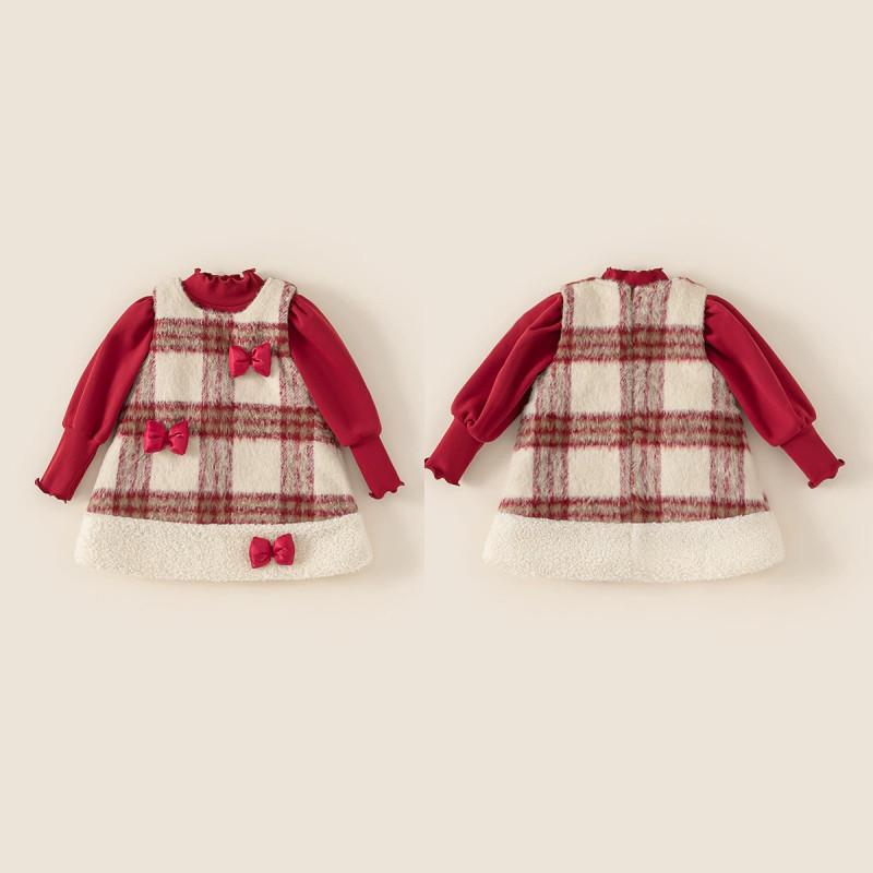 Red Top Bowknot Checkered Vest Skirt Christmas Set Children Autumn Clothing For Ages 3 To 8