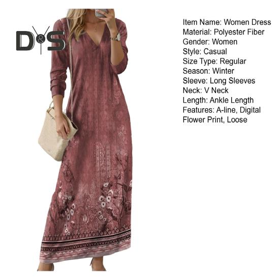 Spring Fall Women Dress V Neck Long Sleeves A-line Digital Flower Print Dating Maxi Dress Daily Wear Loose Dress