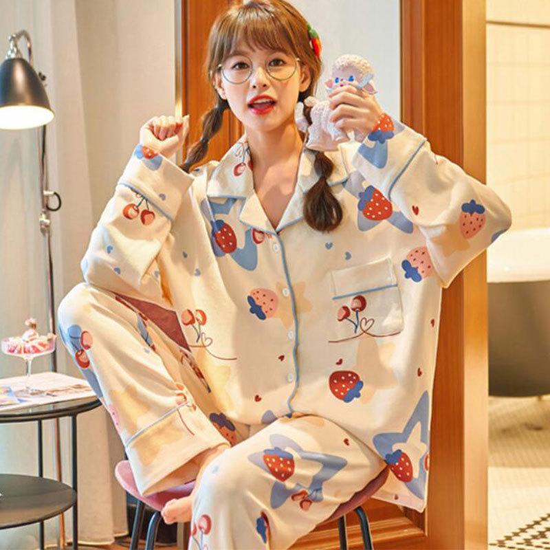 Spring And Autumn Pajamas Women'S Cardigan Long-Sleeved Trousers Korean Girls' Simple Cartoon Loungewear Suit Can Be Worn Outside