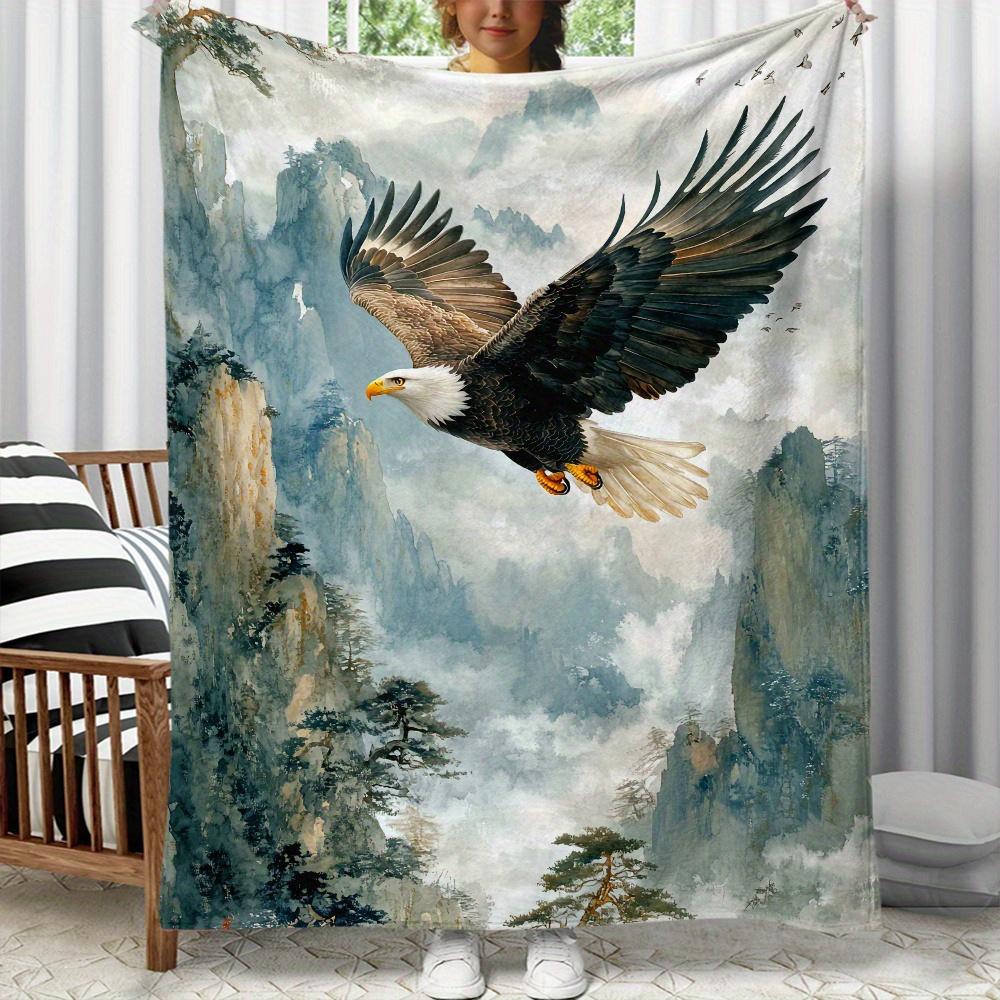 1 Stück Majestätischer Adler & Einsamer Wolf Wald-Print Flanell-Kuscheldecke - Weiches, Warmes Polyester-Fleece, Leicht & Tragbar für das Sofa