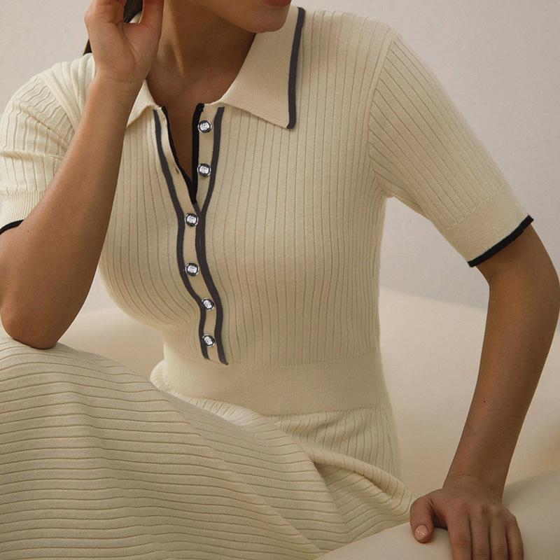Women's Polo Collar Ribbed Knit Dress with Pearl Buttons and White Trim In Blue and Beige