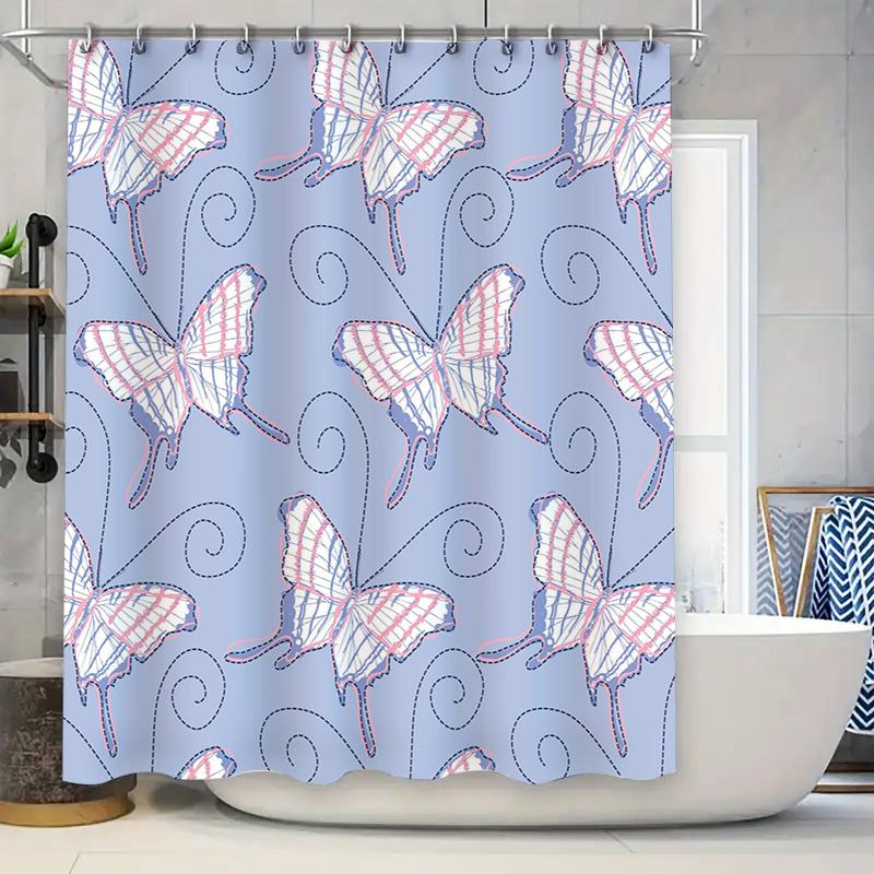 Blue Butterfly Shower Curtain with White Stripes Perfect for Bathroom Decor! 90x180cm