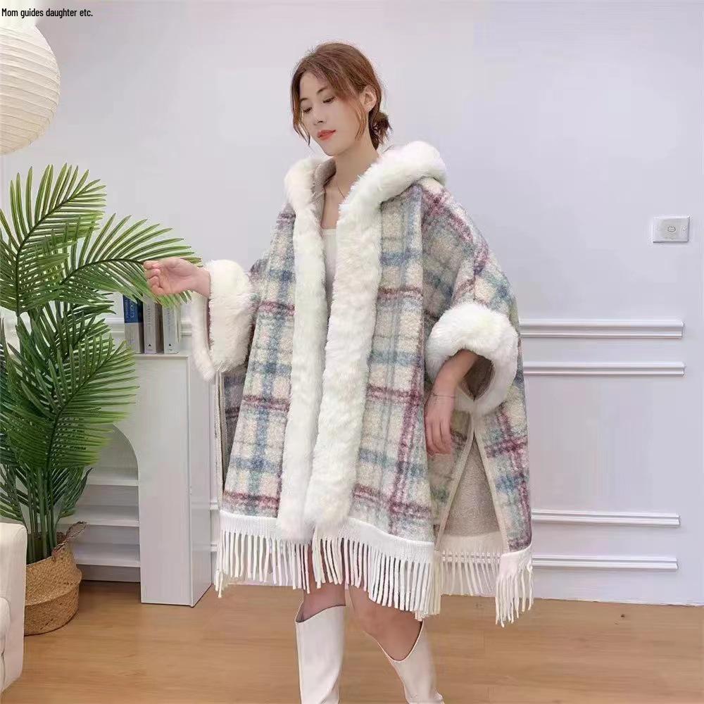 Women's Autumn/Winter Hooded Cape with Chinese Frog Button and Rabbit Fur Shawl, Plus Velvet Woolen Coat.