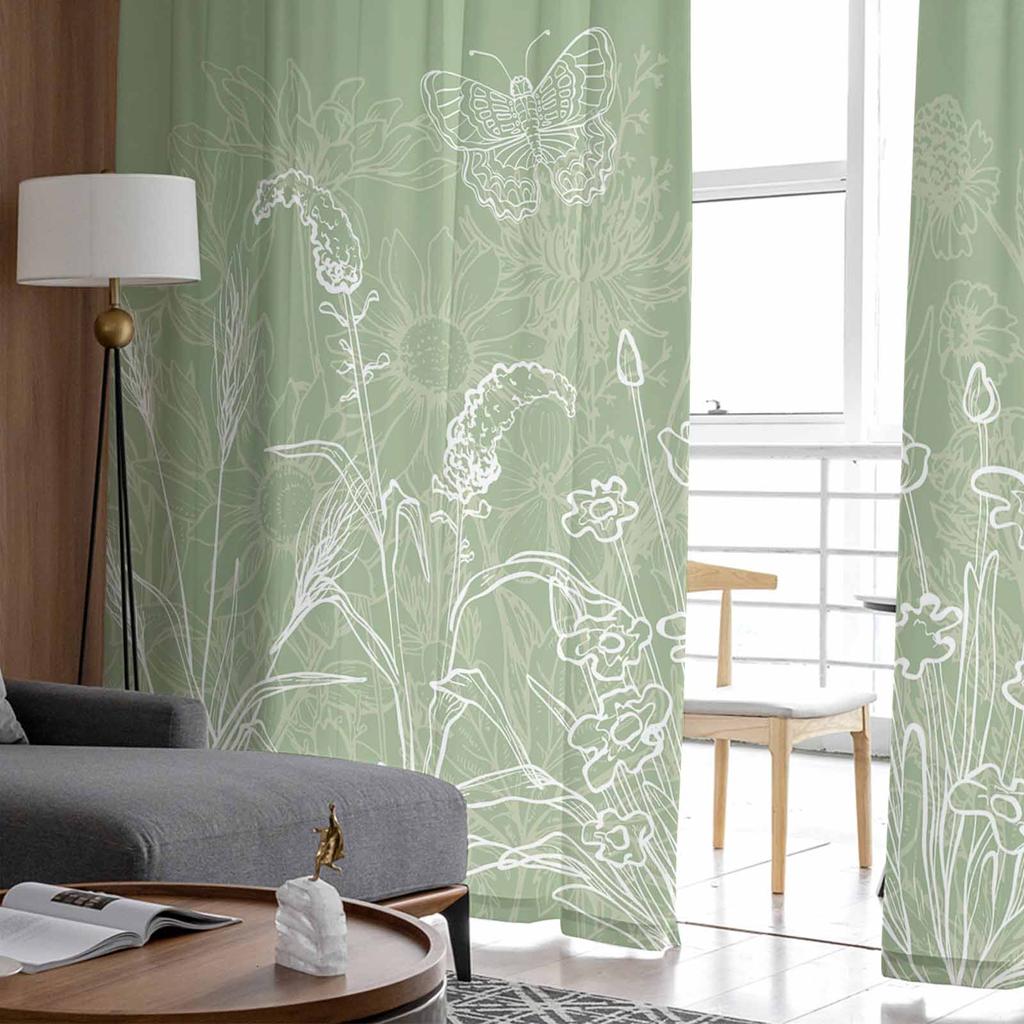 Minimalist Flower Hand Drawn Sheer Curtains for Kids Bedroom Living Room Voile Window Curtains Tulle Drapes