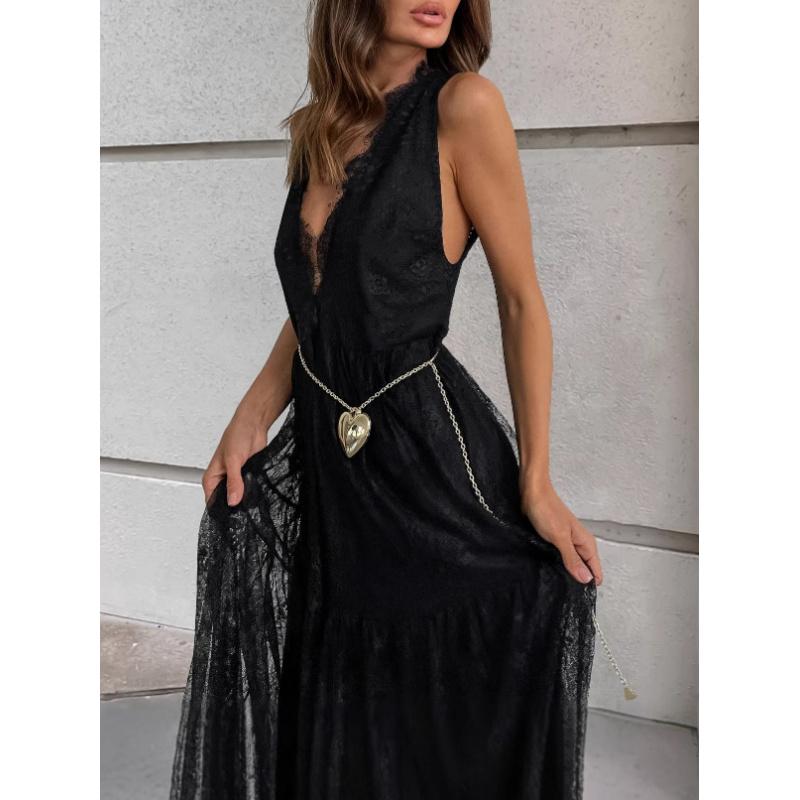 Fashionable V-Neck Lace Camisole Dress With A Stylish Design, Waist-Cinching A-Line Skirt, New Summer Long Dress For Women
