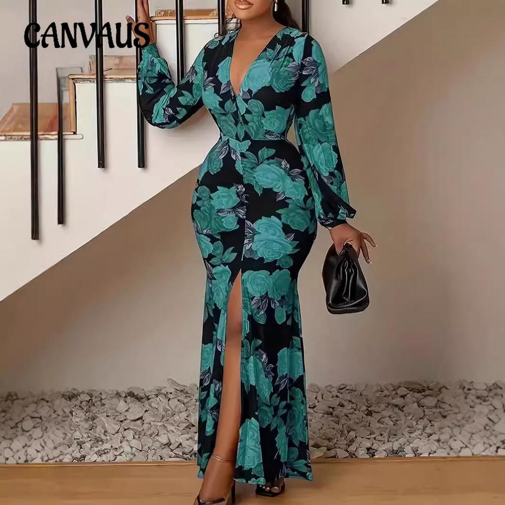 Jarní a podzimní dámské šaty velké velikosti s dlouhým rukávem a výstřihem do V s děleným potiskem